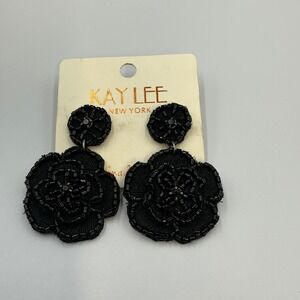 Kay‎ Lee New York Black Flower Earrings Beaded Floral Statement Earrings